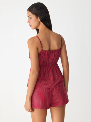 Cotton Gingham Square Neck Lace Trim Cami Top & Mid Rise Shorts Loungewear Set