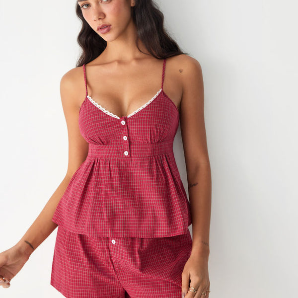 Cotton Gingham Square Neck Lace Trim Cami Top & Mid Rise Shorts Loungewear Set