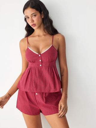 Cotton Gingham Square Neck Lace Trim Cami Top & Mid Rise Shorts Loungewear Set
