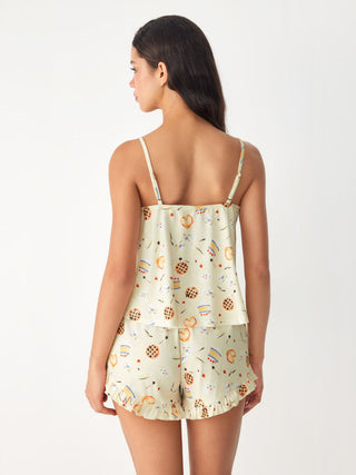 Dessert Graphic V-neck Lace Trim Cami Top & Mid Rise Ruffle Wide Leg Shorts Loungewear Set