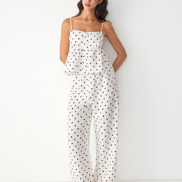 Polka Dot Square Neck Top & High Rise Straight Trousers Loungewear Set