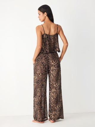 Leopard Tie Front Ruffle Cami Top & Mid Rise Wide Leg Trousers Loungewear Set