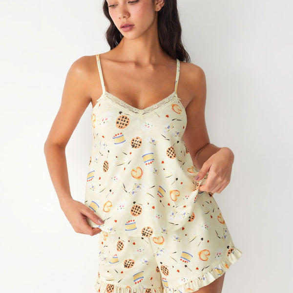 Dessert Graphic V-neck Lace Trim Cami Top & Mid Rise Ruffle Wide Leg Shorts Loungewear Set