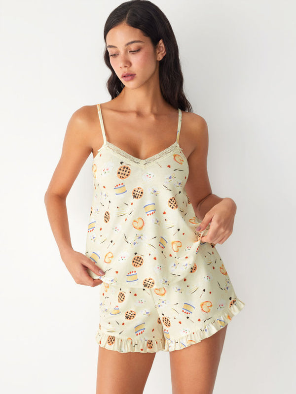 Dessert Graphic V-neck Lace Trim Cami Top & Mid Rise Ruffle Wide Leg Shorts Loungewear Set