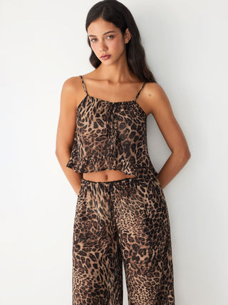Leopard Tie Front Ruffle Cami Top & Mid Rise Wide Leg Trousers Loungewear Set