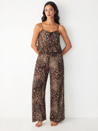 Leopard Tie Front Ruffle Cami Top & Mid Rise Wide Leg Trousers Loungewear Set