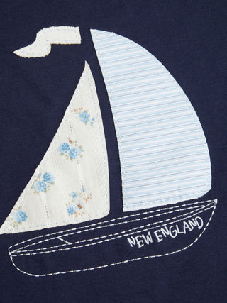 Cotton-blend Off-shoulder Sailing Graphic Embroidery Oversized Tee