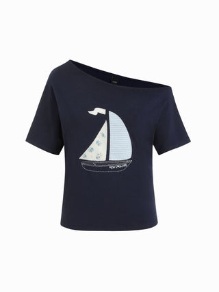 Cotton-blend Off-shoulder Sailing Graphic Embroidery Oversized Tee