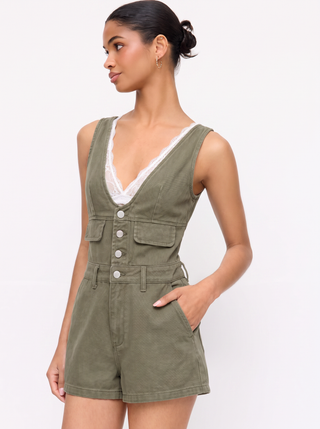 Denim V-Neck Button Front Metal Detail Jumpsuit