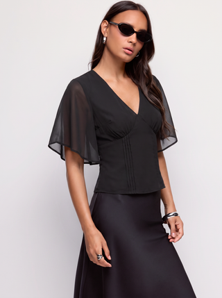 Chiffon V-neck Ruffle Sleeve Pleated Tie Back Blouse