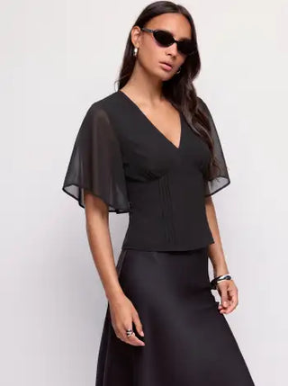 Chiffon V-neck Ruffle Sleeve Pleated Tie Back Blouse