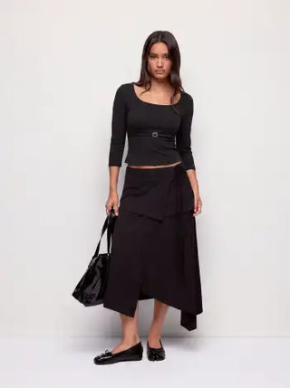 High Stretch Scoop Neck Middle Sleeve Metal Detail Slim Top With Belt