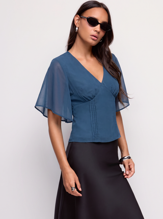 Chiffon V-neck Ruffle Sleeve Pleated Tie Back Blouse