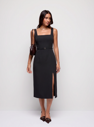 Square Neck Metal Detail Split Straight Midi Dress With Belt
