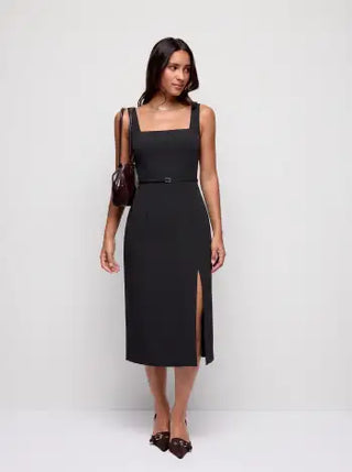 Square Neck Metal Detail Split Straight Midi Dress With Belt