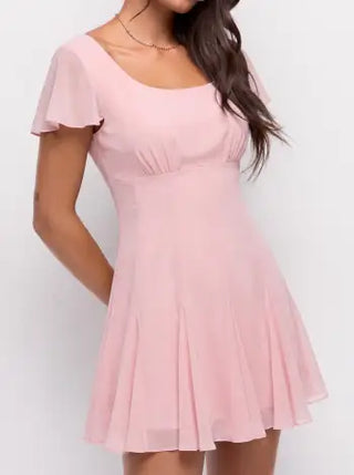 Chiffon Scoop Neck Ruffle Sleeve Pleated A-line Mini Dress