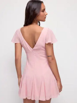 Chiffon Scoop Neck Ruffle Sleeve Pleated A-line Mini Dress