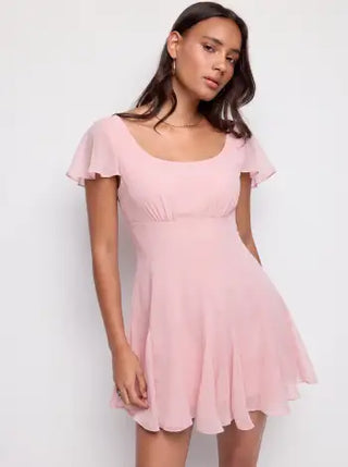 Chiffon Scoop Neck Ruffle Sleeve Pleated A-line Mini Dress