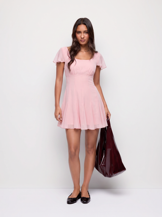 Chiffon Scoop Neck Ruffle Sleeve Pleated A-line Mini Dress