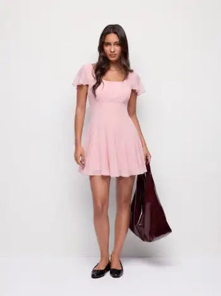 Chiffon Scoop Neck Ruffle Sleeve Pleated A-line Mini Dress