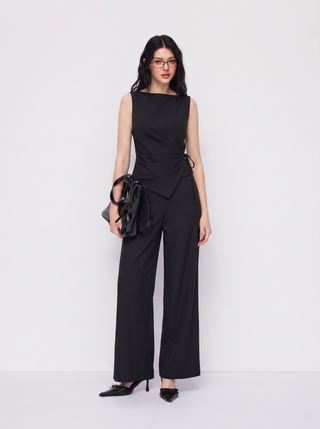 Boat Neck Striped Wrap Knotted Top & Mid Rise Straight Leg Trousers Set