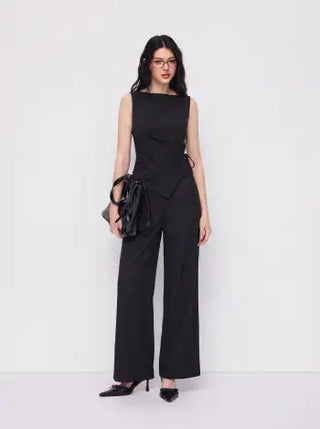 Boat Neck Striped Wrap Knotted Top & Mid Rise Straight Leg Trousers Set