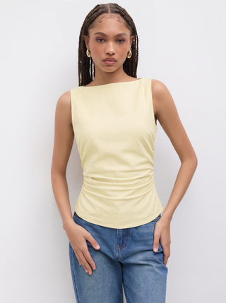 Linen-blend Boat Neckline Solid Bowknot Tank Top