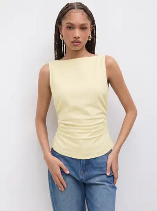 Linen-blend Boat Neckline Solid Bowknot Tank Top