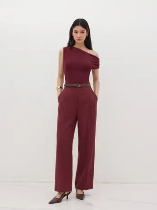 Asymmetrical Neck Ruched Jumpsuit With Belt