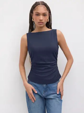 Linen-blend Boat Neckline Solid Bowknot Tank Top