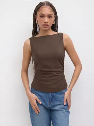 Linen-blend Boat Neckline Solid Bowknot Tank Top