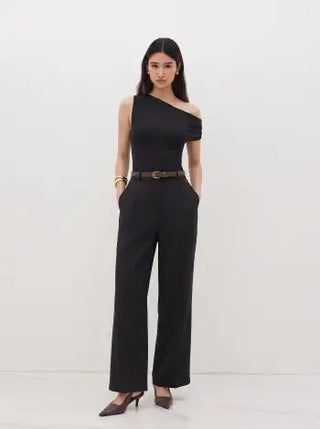Asymmetrical Neck Ruched Jumpsuit With Belt