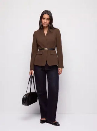 Textured Stand Collar Long Sleeve Blazer With Belt