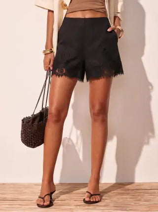 Linen-blend Mid Rise Lace Trim Shorts