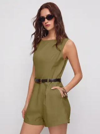Linen-blend Boat Neck Mid Rise Romper With Belt