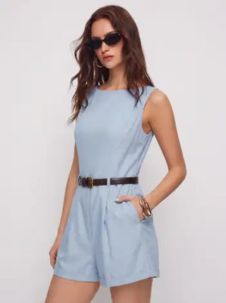 Linen-blend Boat Neck Mid Rise Romper With Belt