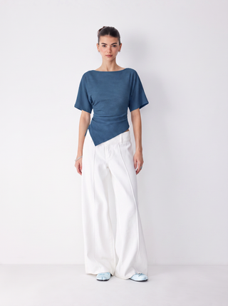Textured Boat Neck Ruched Asymmetrical Hem Short Sleeve Tee