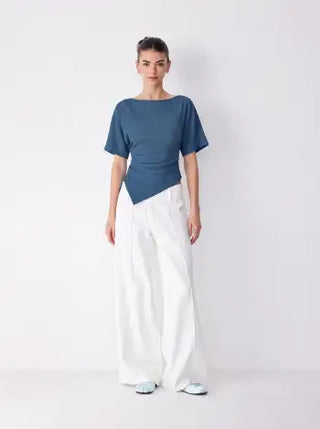Textured Boat Neck Ruched Asymmetrical Hem Short Sleeve Tee