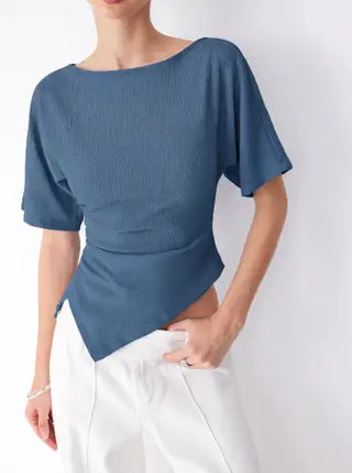 Textured Boat Neck Ruched Asymmetrical Hem Short Sleeve Tee