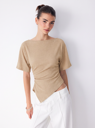 Textured Boat Neck Ruched Asymmetrical Hem Short Sleeve Tee