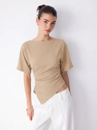 Textured Boat Neck Ruched Asymmetrical Hem Short Sleeve Tee