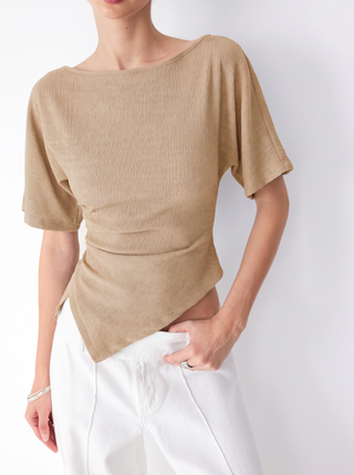 Textured Boat Neck Ruched Asymmetrical Hem Short Sleeve Tee