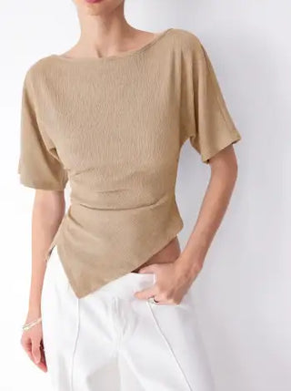Textured Boat Neck Ruched Asymmetrical Hem Short Sleeve Tee
