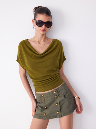 Knit Wool-blend Cowl Neck Draped Ruched Top