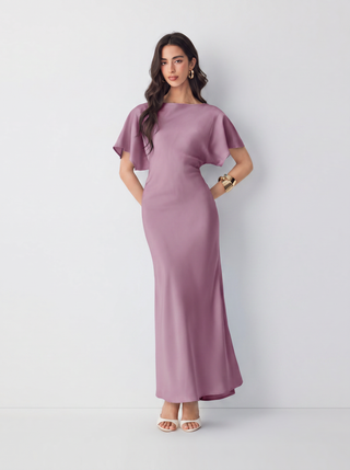 Satin Boat Neck Batwing Sleeve Bowknot Mermaid Maxi Dress