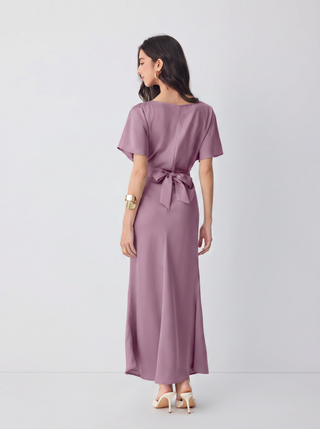 Satin Boat Neck Batwing Sleeve Bowknot Mermaid Maxi Dress