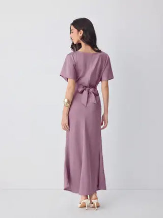 Satin Boat Neck Batwing Sleeve Bowknot Mermaid Maxi Dress
