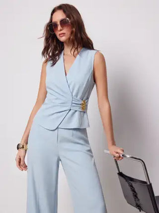 V-Neck Wrap Front Ruched Metal Detailed Top & Mid Rise Wide Leg Trousers Set
