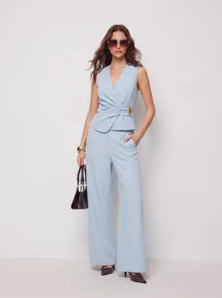 V-Neck Wrap Front Ruched Metal Detailed Top & Mid Rise Wide Leg Trousers Set