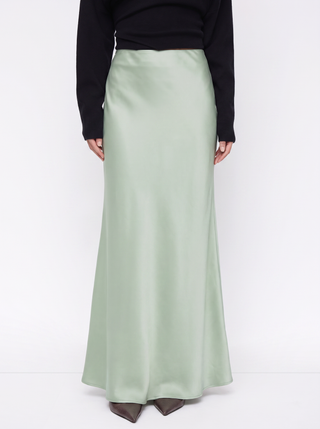 Satin Mid Rise Ruffle Maxi Skirt